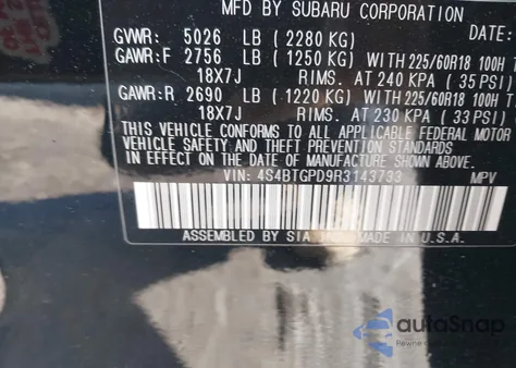 2024 Subaru Outback Touring Xt z USA, uszkodzony, nr VIN 4S4BTGPD9R3143733